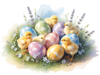 Adorable yellow chicks with patterned Easter eggs arranged on fresh green grass with lavender and small blossoms