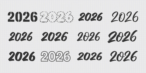 2026 Typography Set New Year Future Trends Vector Designs Graphic Styles Font Variations Dates Artistic Creations Year