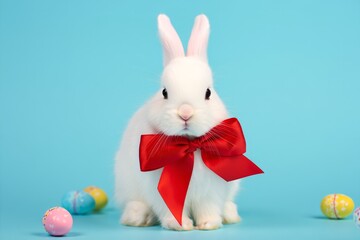 A Playful White Bunny Adorned with a Red Bow, Surrounded by Colorful Easter Eggs Against a Bright Blue Background