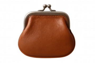 Leather coin purse with metallic clasp, accessory for storing change, money, and small items, transparent background