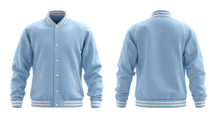 Light-blue varsity jacket, front and back views