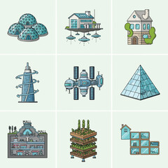 Collection of futuristic and modern architectural buildings and structures.