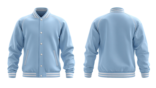 Light-blue varsity jacket, front and back views