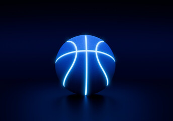 Blue basketball with bright glowing neon lines on a dark background