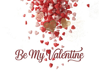 Be My Valentine text surrounded by falling red and pink hearts with golden glitter on a black background