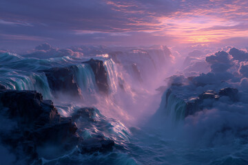 Surreal ocean waterfall glowing under a vivid sunset sky
