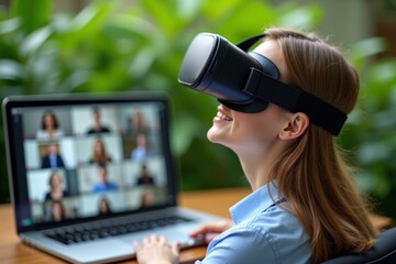 Immersed in a Virtual Reality Business Webinar: Person in VR Goggles in Green Garden Setting