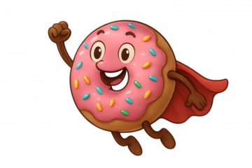 Cute cartoon donut character flying, wearing a red cape, showing happiness and invincibility, with transparent background