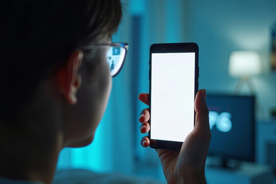An individual in a futuristic setting holds a smartphone with a blank screen, their eyes reflecting a live feed of home surveillance footage from CCTV.