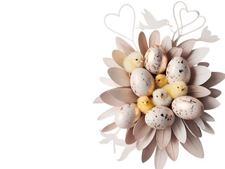Charming Easter decoration with speckled eggs fluffy yellow chicks and elegant heart and bird motifs isolated on black