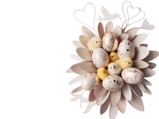 Charming Easter decoration with speckled eggs fluffy yellow chicks and elegant heart and bird motifs isolated on black