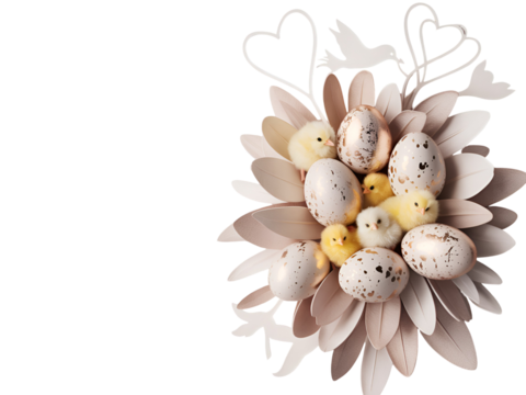Charming Easter decoration with speckled eggs fluffy yellow chicks and elegant heart and bird motifs isolated on black