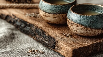 Two Ceramic Bowls With Turquoise Glaze On A Wooden Board Dusting