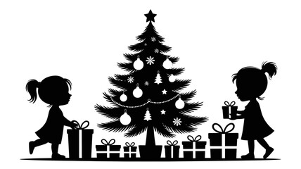 Silhouette of two girls with christmas tree and gifts in black and white festive holiday scene