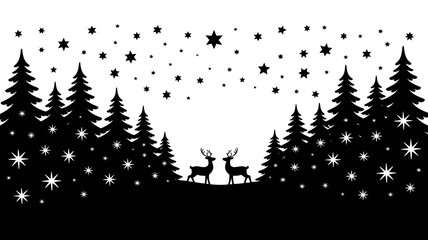 Silhouette of deer in a forest of christmas trees with stars falling from the night sky above them