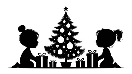 Two baby silhouettes with christmas tree and gifts in black and white vector illustration image