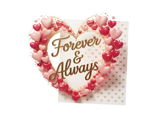 Decorative heart frame filled with numerous pink and red hearts surrounding Forever & Always text