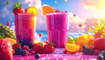 Vibrant Pink and Purple Fruit Smoothies on Beach Background