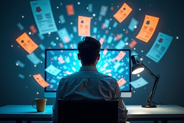 Accountant Immersed in Digital Vortex of Colorful Electronic Invoices and E-Receipts