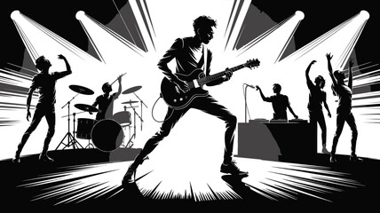 Band performing on stage with lights and audience in black and white illustration style image