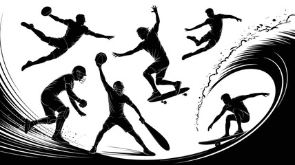 Silhouette illustrations of diverse athletes engaged in various sports activities in black and white style