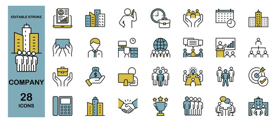Company Icon Set – Business, Office, Businessman, Management, Meeting, Teamwork, Collaboration and Leadership. Editable Stroke, Colored Vector Illustration