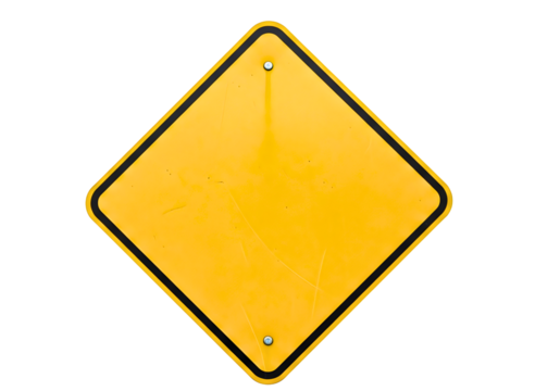 Yellow diamond shape warning sign isolated on transparent background