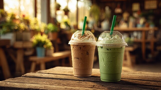 Two takeaway iced drinks with coffee and matcha on wooden table in cozy cafe, refreshing cold beverages, barista style coffee shop lifestyle