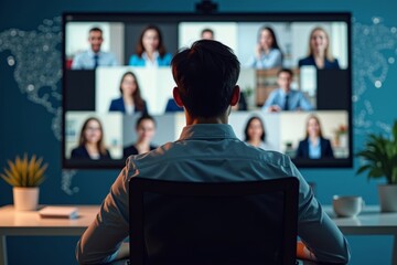 Professional dressed individual engaging in virtual conference calls with multiple colleagues on computer screen
