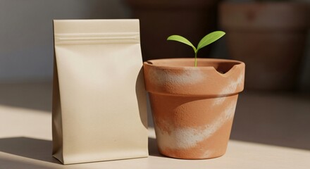 Small plant seedling growing in a terracotta pot next to a blank kraft paper pouch