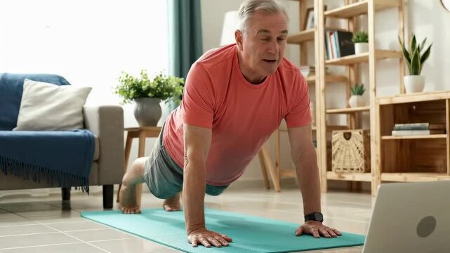 Active senior doing pushups in a modern living room, streaming fitness video for healthy lifestyle