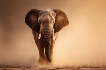 Obraz premium Majestic elephant walking through dusty landscape at sunset in serene atmosphere