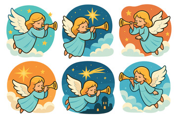 Naklejka premium Angel trumpeter in various seasonal scenes for festive designs. Set of 6 vector illustration