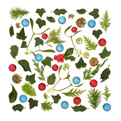 Xmas winter traditional greenery, holly with loose red berries, red, blue sphere ball shape bauble decorations. Square shape festive design for holiday season.