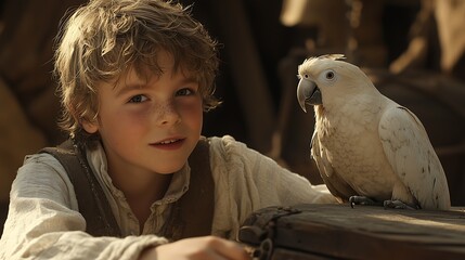 A young boy and his parrot in a colonial-era home, antique furniture, timeless atmosphere
