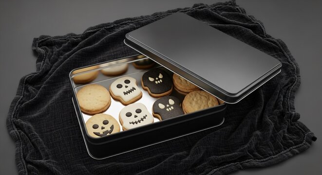 Halloween cookies in a tin box with a black cloth on a dark background