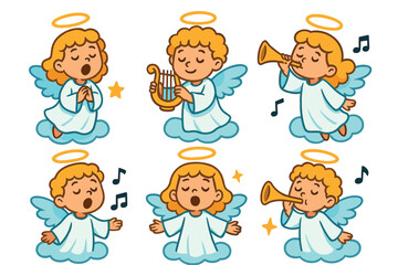 Angels singing and playing musical instruments in joyful scenes. Set of 6 vector illustration