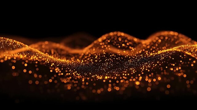 Abstract wavy surface composed of glowing orange particles and bokeh