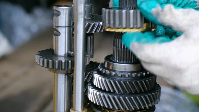 Close up car mechanic hands in gloves assembling gear system of manual transmission, carefully placing cogwheels, synchronizers onto main shaft in repair shop. Mechanic assembling manual car gearbox