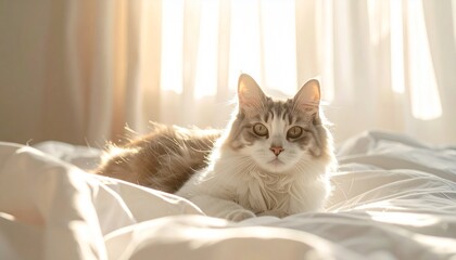 A beautiful fluffy domestic cat rests gracefully on a pristine white bed, bathed in the soft, warm glow of morning sunlight, creating a peaceful and serene indoor scene