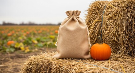 A burlap sack and a pumpkin sit on hay bales in a pumpkin patch under a cloudy sky