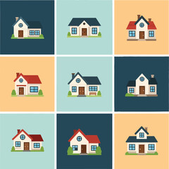 Collection of various house illustrations on different colored backgrounds.