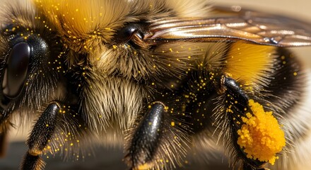 Extreme close-up of a fuzzy bumblebee's thorax and pollen covered legs macro photography