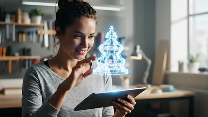 Woman Interacting with Futuristic Holographic Interface on Tablet in Workshop Setting - Powered by Adobe