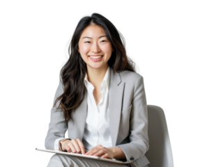 A young Asian businesswoman sitting on a chair with a cheerful expression isolated