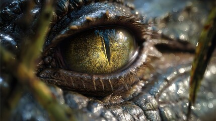 Obraz premium view showcases a detailed crocodile eye, revealing textured scales and a piercing gaze within a natural environment, emphasizing the animal's features, golden hues and reflective patterns with water.
