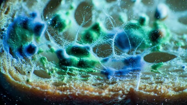 Close-up of mold growing on bread slice with vivid blue and green colors  