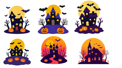 Spooky Haunted Houses and Scary Castles Illustration Set with Pumpkins, Bats, and Moon, Perfect for Halloween Party Decorations and Festive Seasonal Designs