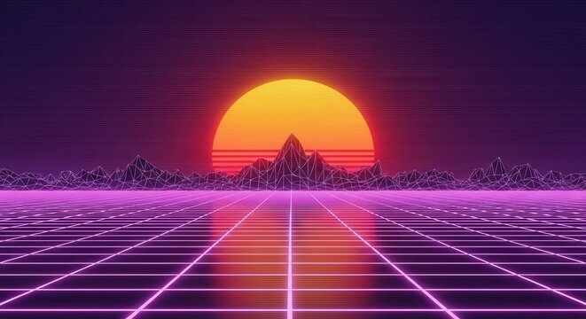 Vibrant Synthwave Landscape with Grid Horizon and Mountains, Orange Sun over Neon Wireframe Peaks, 80s Inspired Digital Art Scene