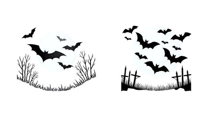 Spooky Halloween Night Bats Flying Over Cemetery and Grass Silhouettes